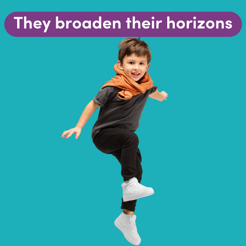 Happy boy with text "they broaden their horizons"