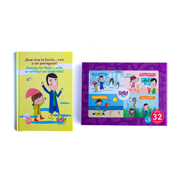 Bilingual Book & Game Bundle: Hooray for Rain...With or Without an Umbrella + Seasons Puzzles - Feppy