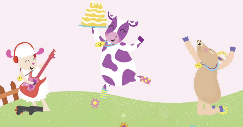 Cartoon characters from La Vaca Lechera, a Spanish nursery rhyme: A cow, a farmer, and playful scenes