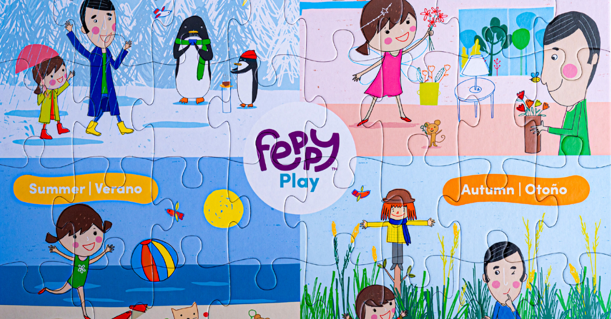 Feppy Bilingual Puzzles: Colorful puzzle showcasing Spanish and English seasons learning.