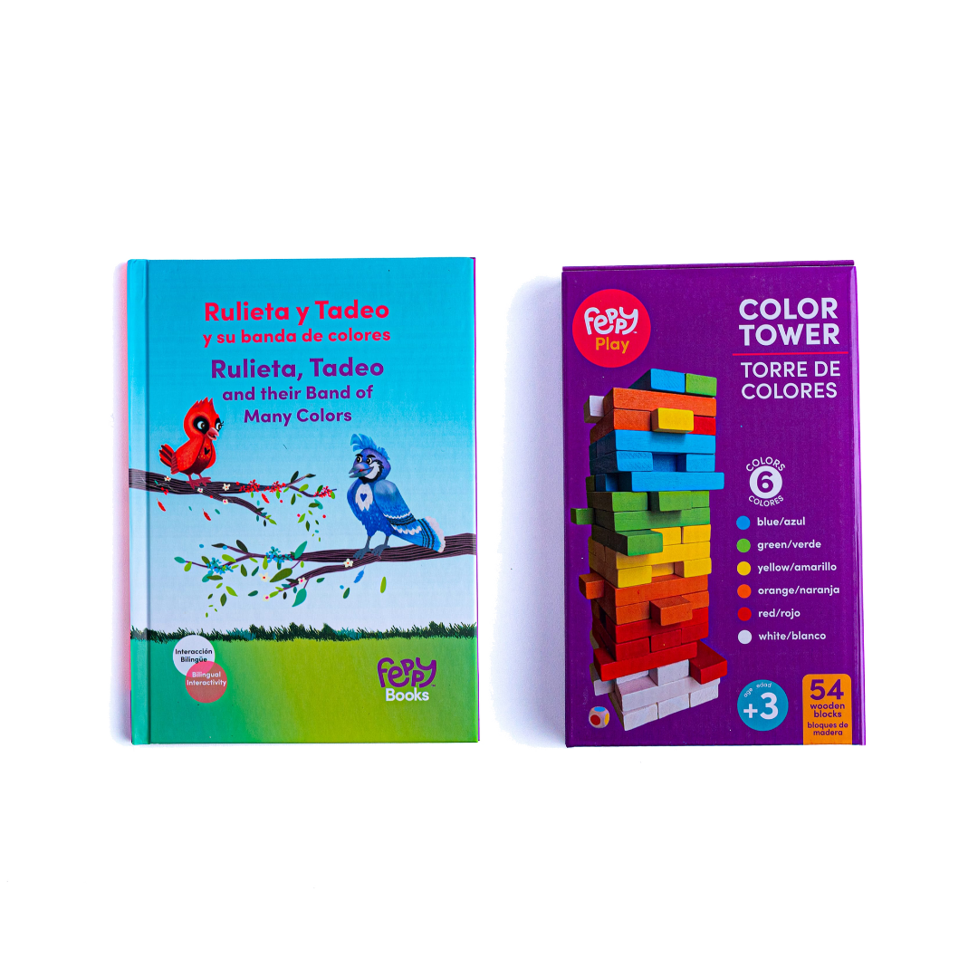 Bilingual Book & Game Bundle: Rulieta, Tadeo and their Band of Many Colors Book + Tumbling Tower Game - Feppy
