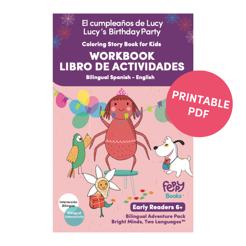 Bilingual Spanish-English Printable PDF - Coloring Story Book + Activity Pack | Ages 6-9 | Lucy's Birthday Party | Early Readers Edition - Feppy