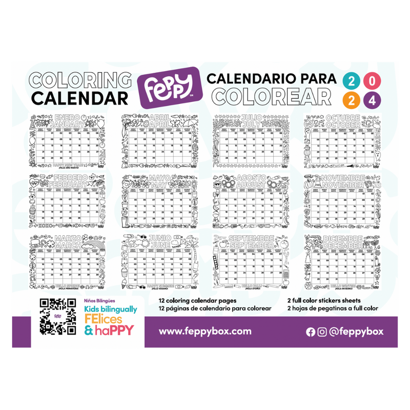 2024 Bilingual English Spanish Coloring Calendar for Kids - Feppy