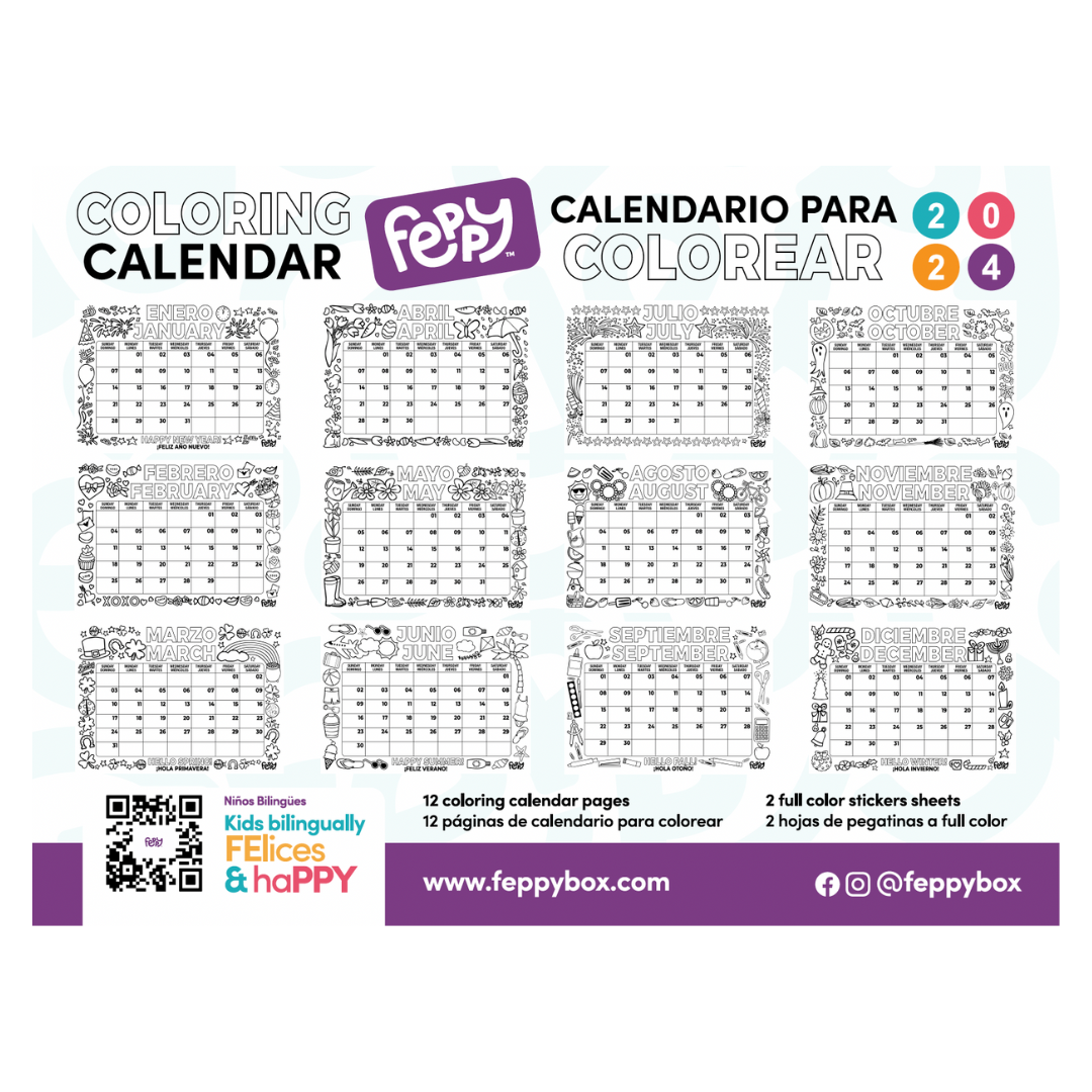 Digital 2024 Bilingual English Spanish Coloring Calendar for Kids - Feppy