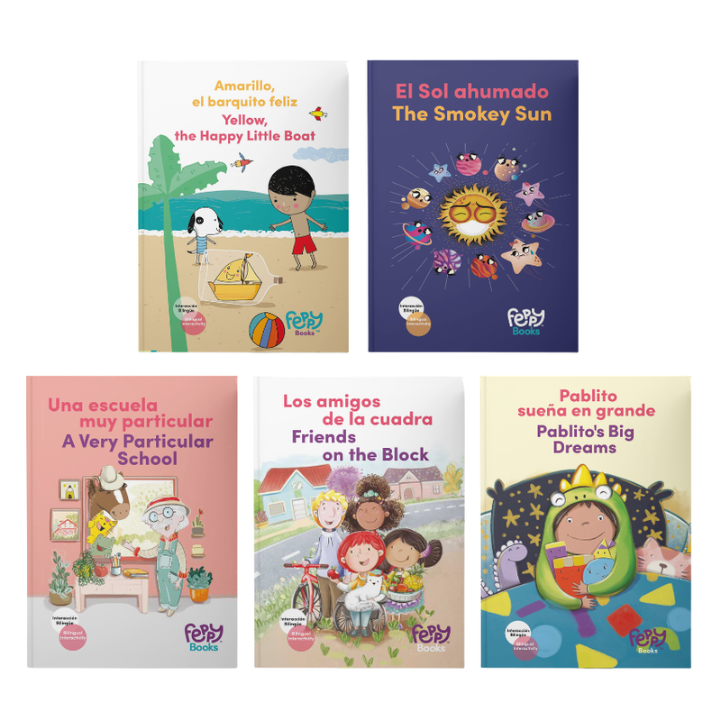 Everyday Bilingual Adventures – 5 Softcover Books + 5 Activity Packs + Stickers - Feppy