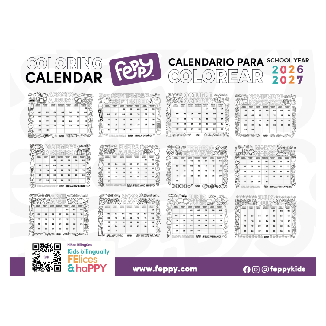 (PDF) 2026-2027 Bilingual English Spanish Coloring Calendar for Kids - Downloadable Version (School Year) (Copy)