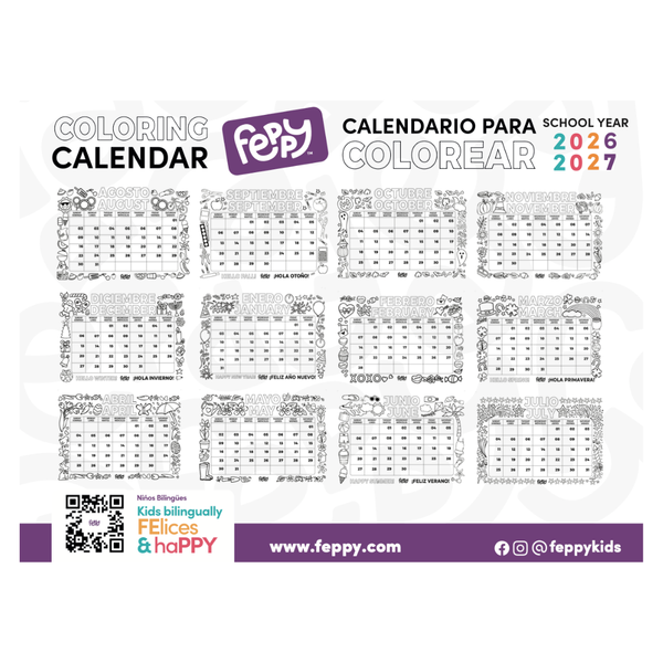 (PDF) 2026-2027 Bilingual English Spanish Coloring Calendar for Kids - Downloadable Version (School Year) (Copy) - Feppy