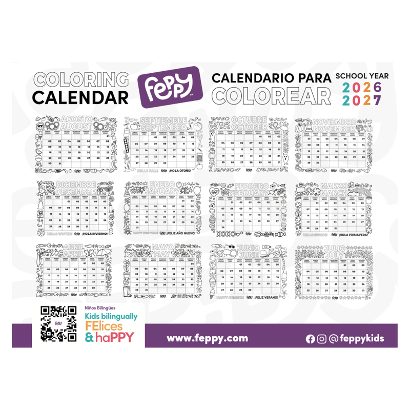 (PDF) 2026-2027 Bilingual English Spanish Coloring Calendar for Kids - Downloadable Version (School Year) (Copy) - Feppy