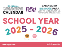 Feppy bilingual coloring calendar for the school year 2025-2026 on a white background.