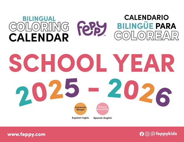 Feppy bilingual coloring calendar for the school year 2025-2026 on a white background.