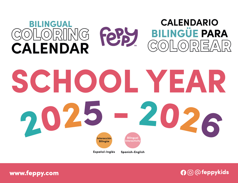 Feppy bilingual coloring calendar for the school year 2025-2026 on a white background.