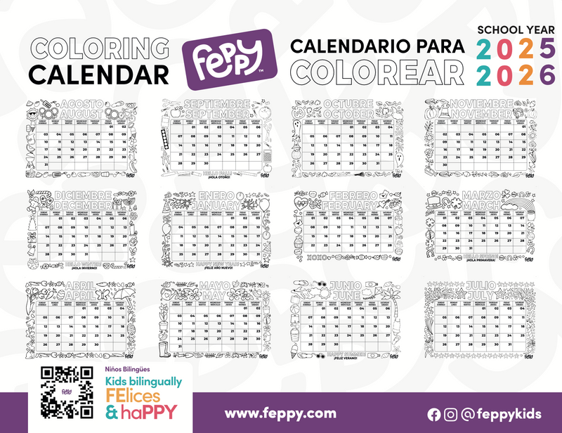 Feppy coloring calendar for 2025-2026 school year with black and white illustrations.
