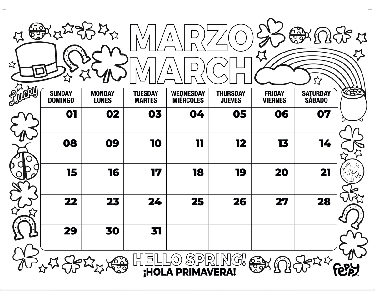 Calendar for March with decorative elements and text in Spanish.
