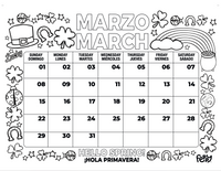 Calendar for March with decorative elements and text in Spanish.