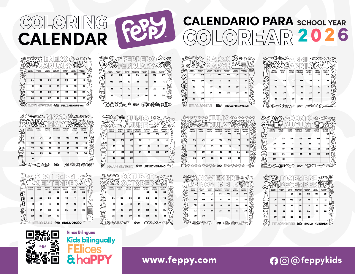 (PDF) 2026 Bilingual English Spanish Coloring Calendar for Kids - Downloadable Version