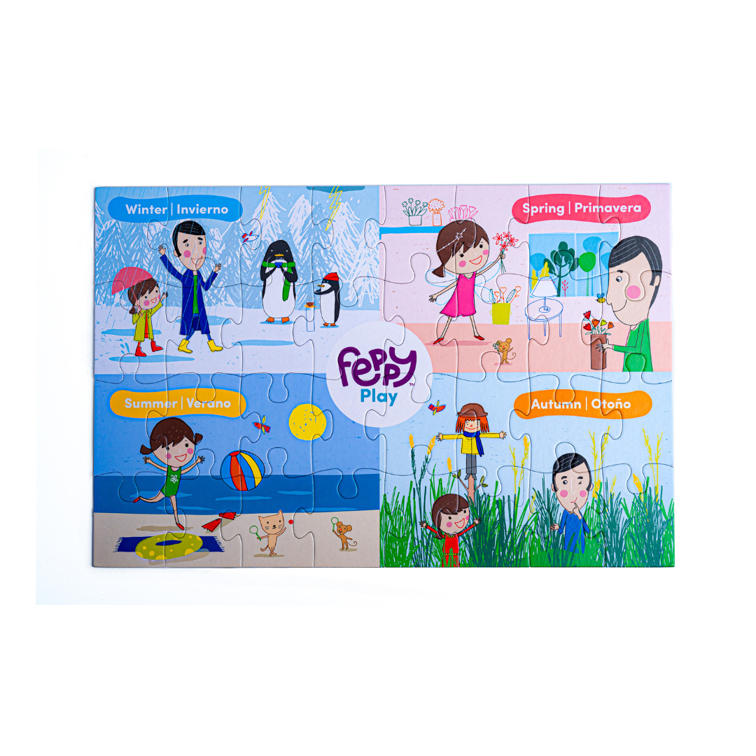 Bilingual Book & Game Bundle: Hooray for Rain...With or Without an Umbrella + Seasons Puzzles - Feppy